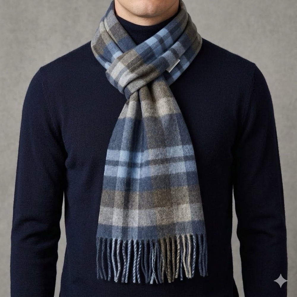 Jos. A Bank 100% Cashmere Scarf Plaid Blue 5-ft